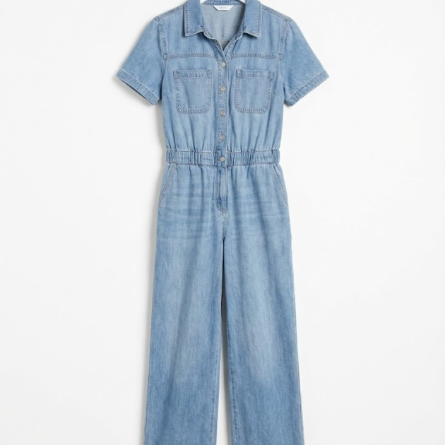 Short-Sleeve Light Wash Denim Jumpsuit
