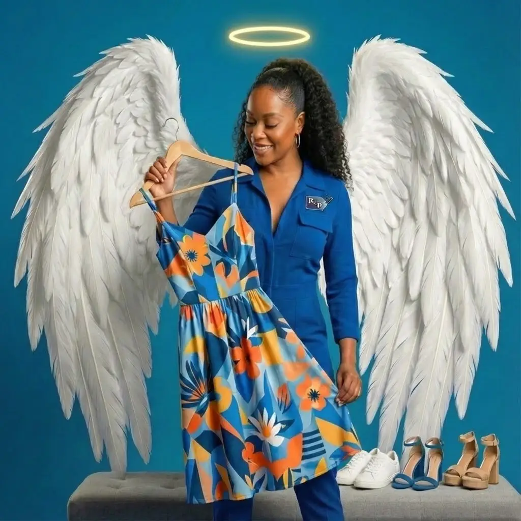 A beautiful angel named Aura holding a beautiful dress decorated with modern designs.